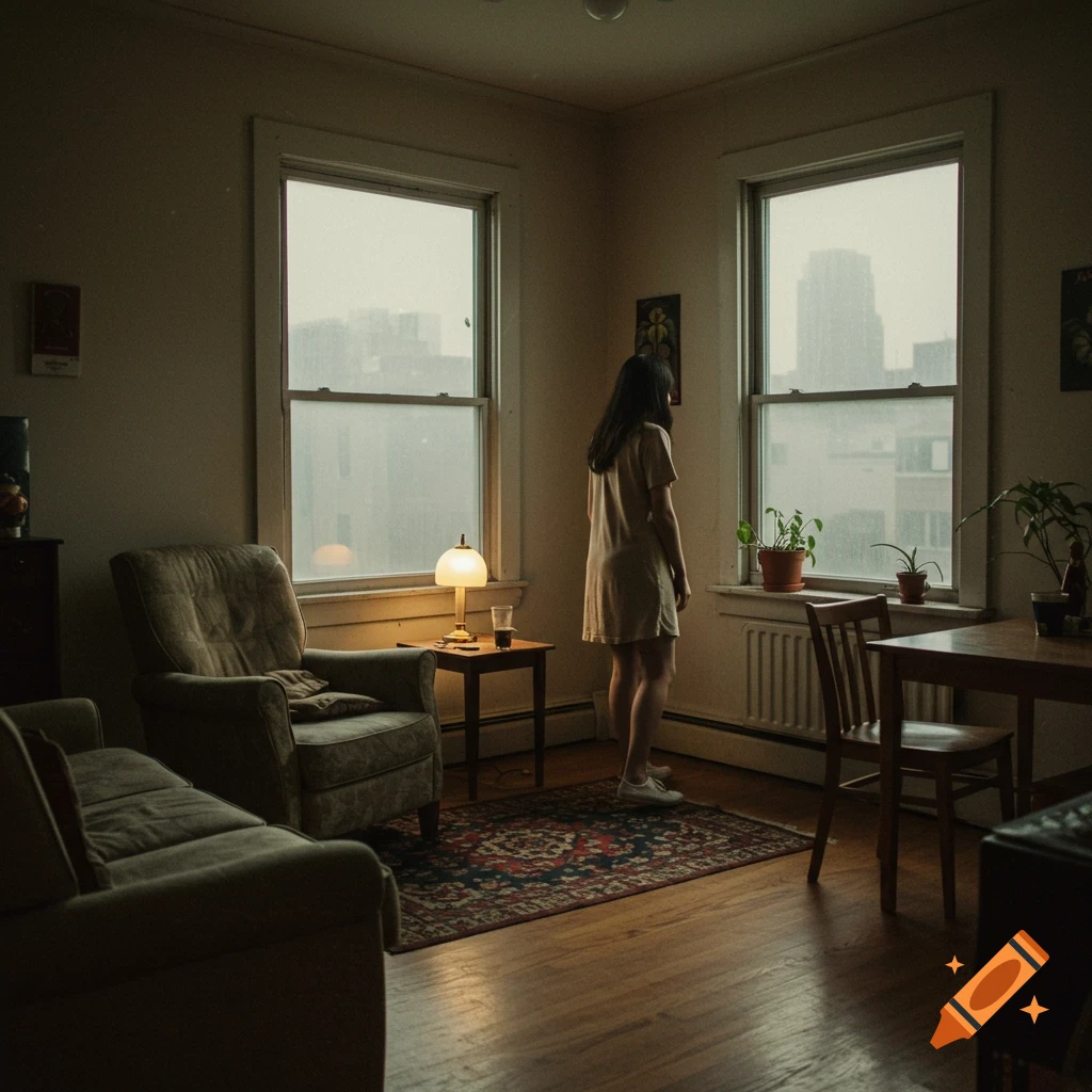 A person stands looking out a window in a cozy apartment living room, photorealistic style.