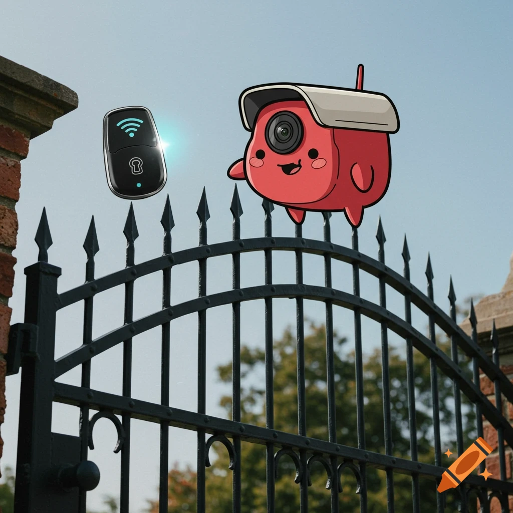 A cartoon security camera character floats above an iron gate next to an access FOB.