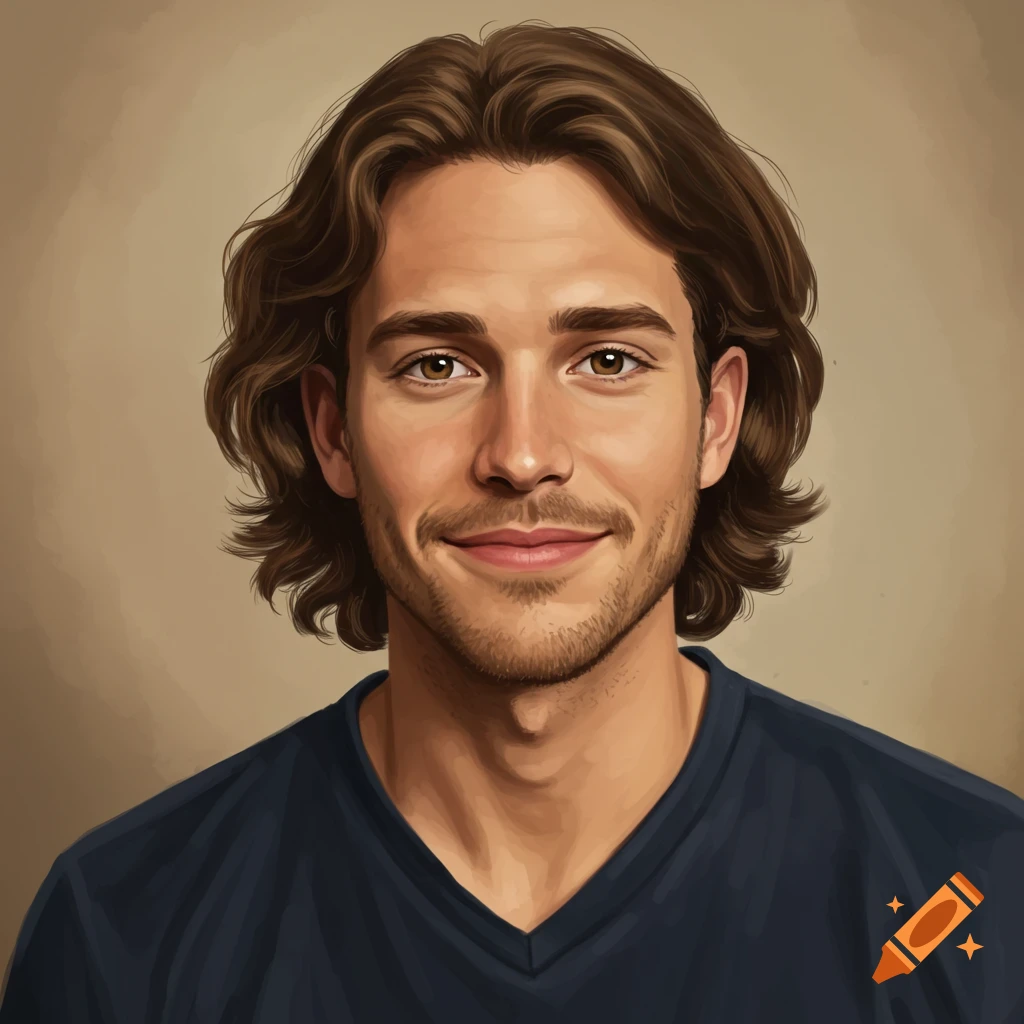 A portrait of a young man with brown hair and a beard smiling.