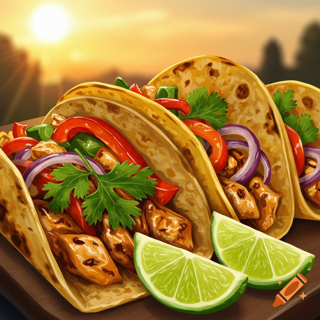 Solar grilled chicken and vegetable tacos with cilantro and lime.
