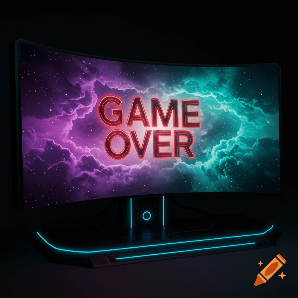 A curved gaming monitor displays red "GAME OVER" text over a purple and teal nebula space background with glowing blue light on the base.
