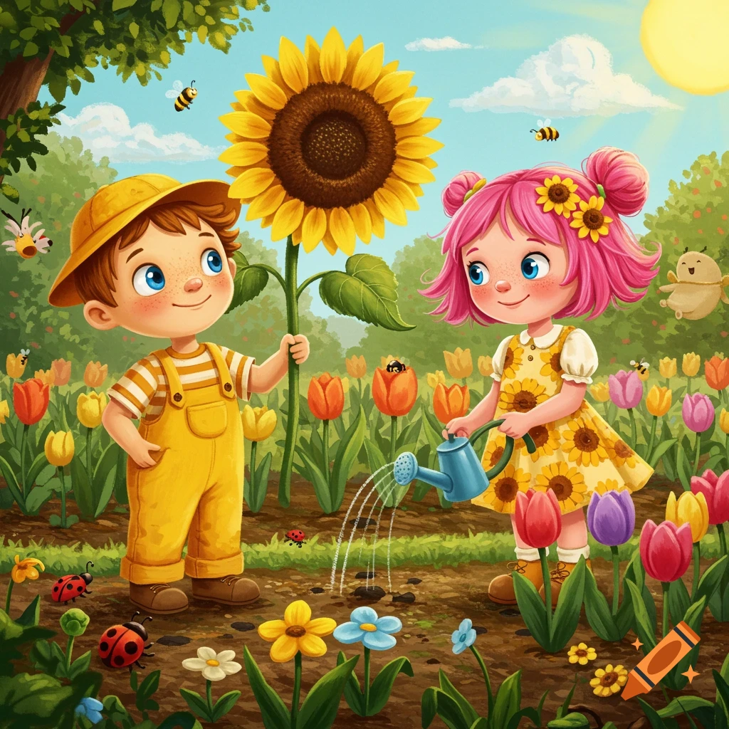Cartoon illustration of two children gardening with a large sunflower, flowers, bees, and ladybugs.