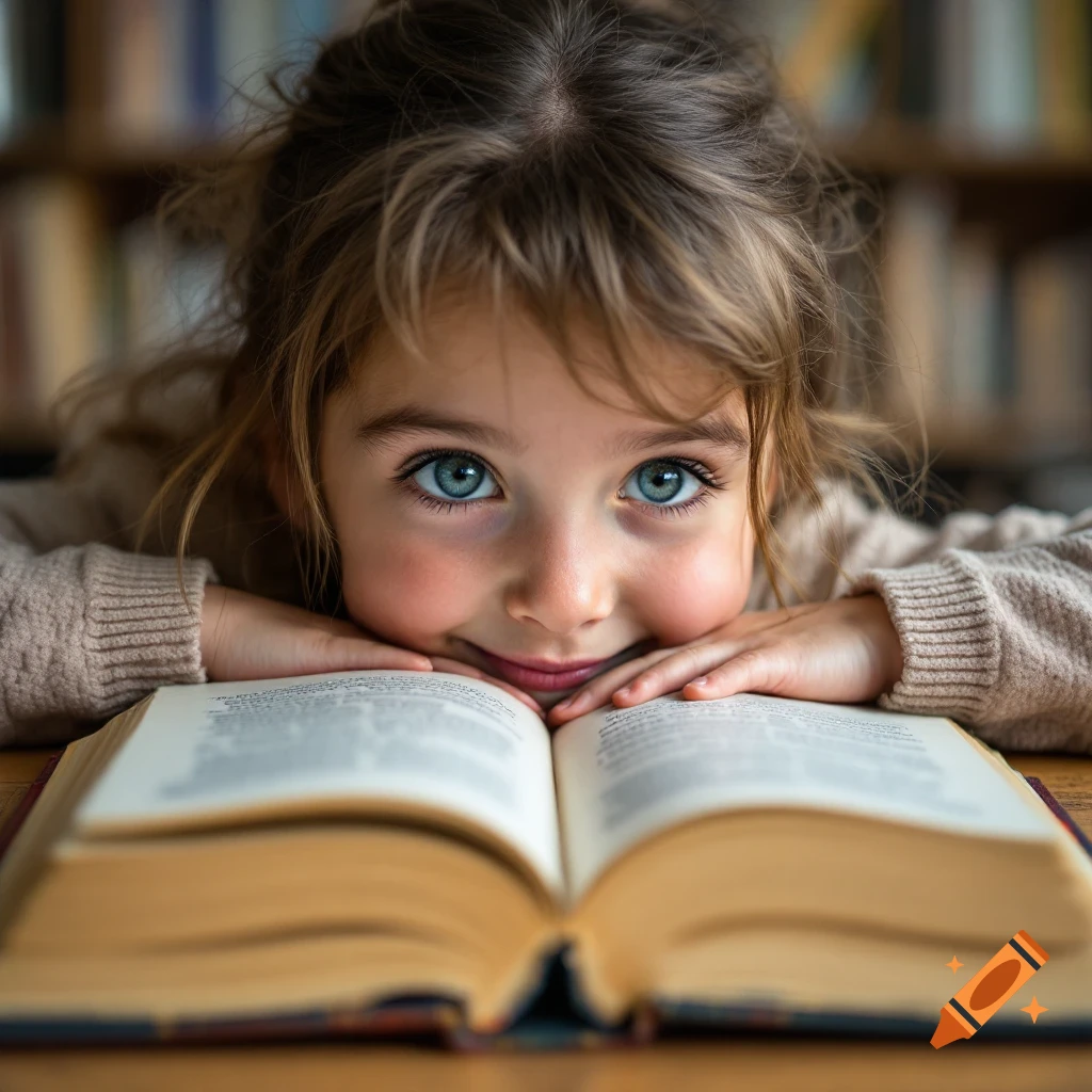 A young girl with striking blue eyes peeks over an open book in a library, smiling at the camera.