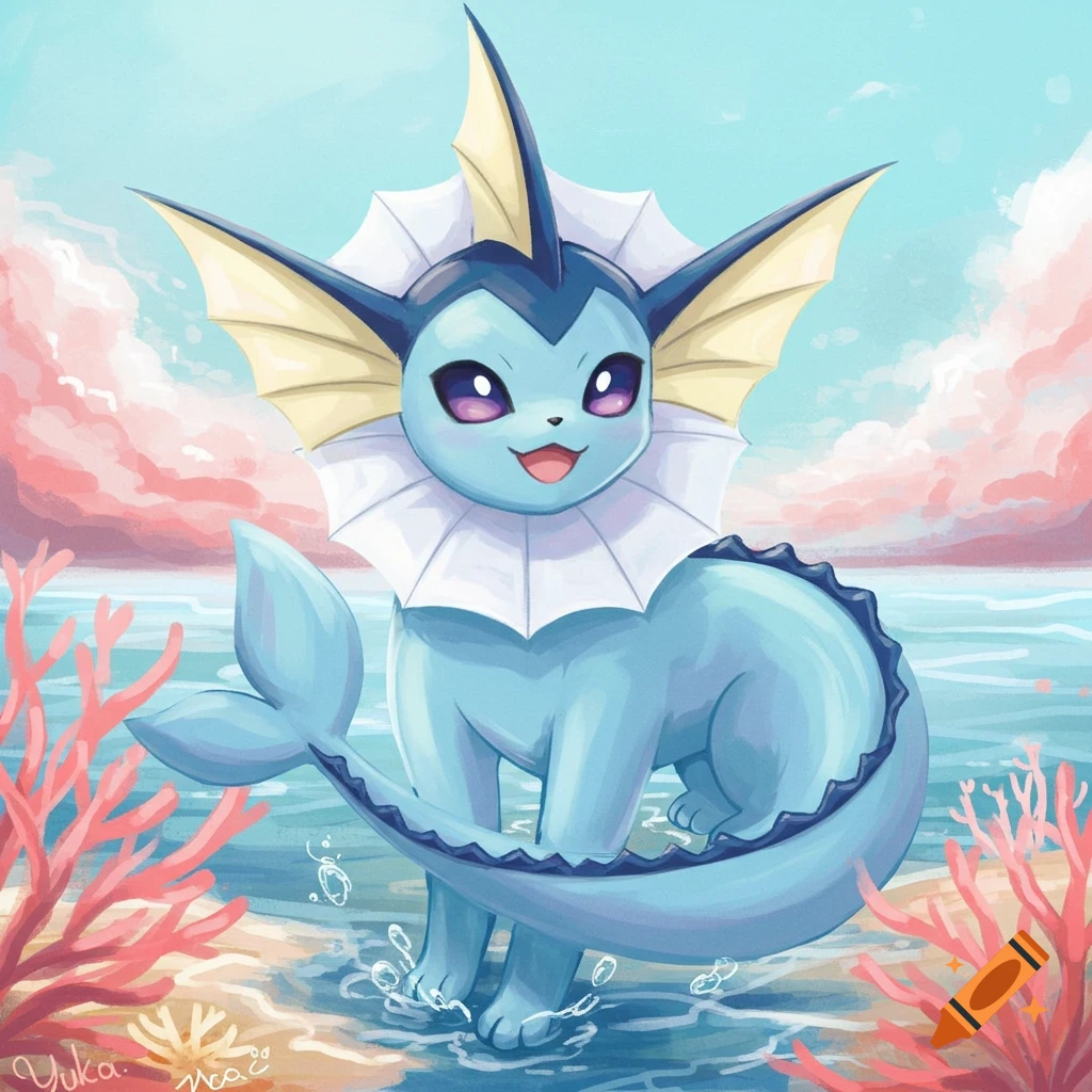 Illustration of a blue Vaporeon standing in shallow water on a beach with pink coral and clouds.