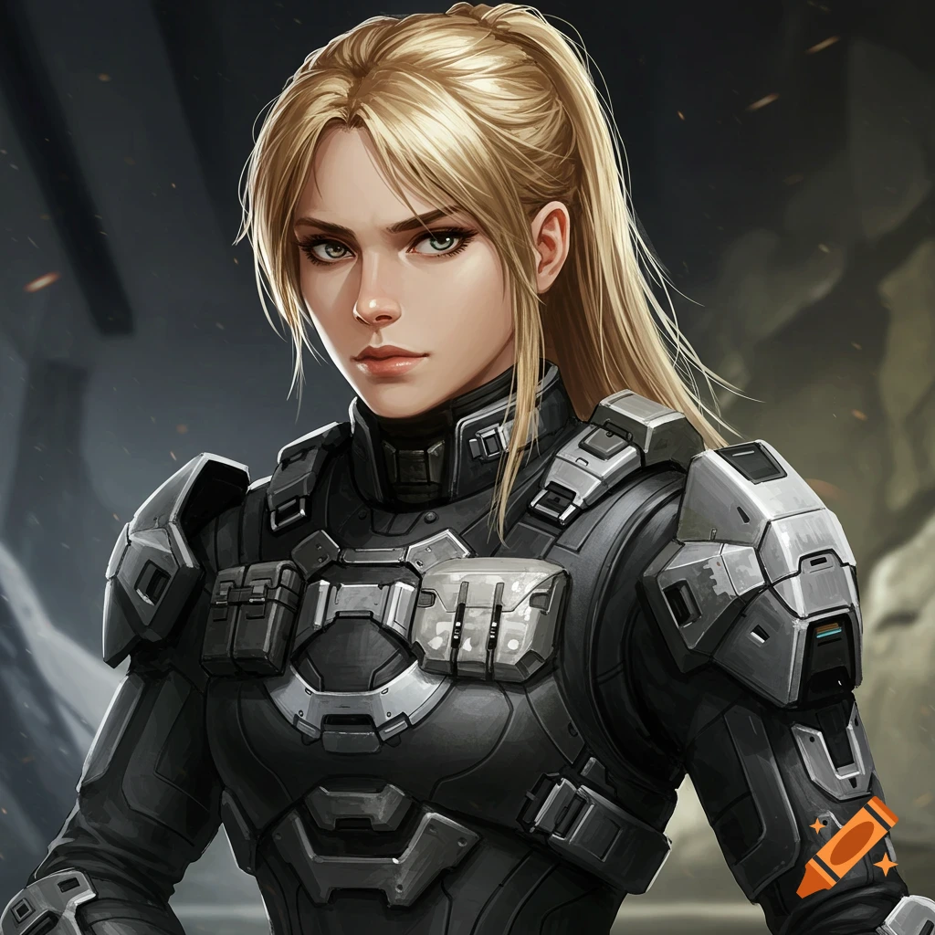 Portrait of a female soldier in black and silver sci-fi armor with a blonde ponytail.