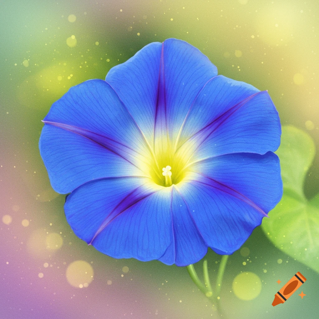 Close-up of a blue morning glory flower with yellow center against a blurry green and purple background with bokeh lights.