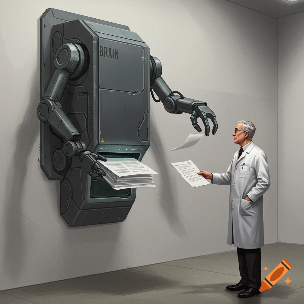 A scientist receives papers from a wall-mounted robot labeled 'BRAIN'.