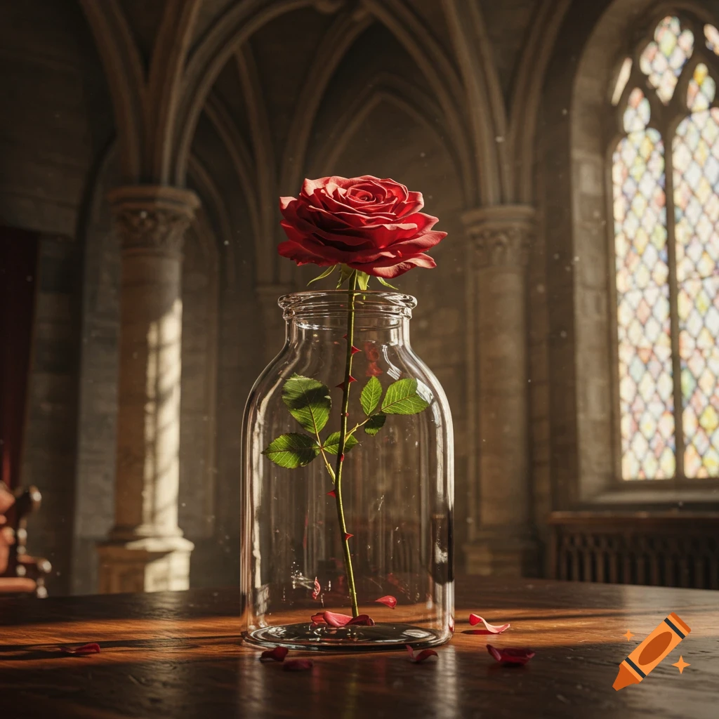 A red rose in a glass jar on a table inside a castle.