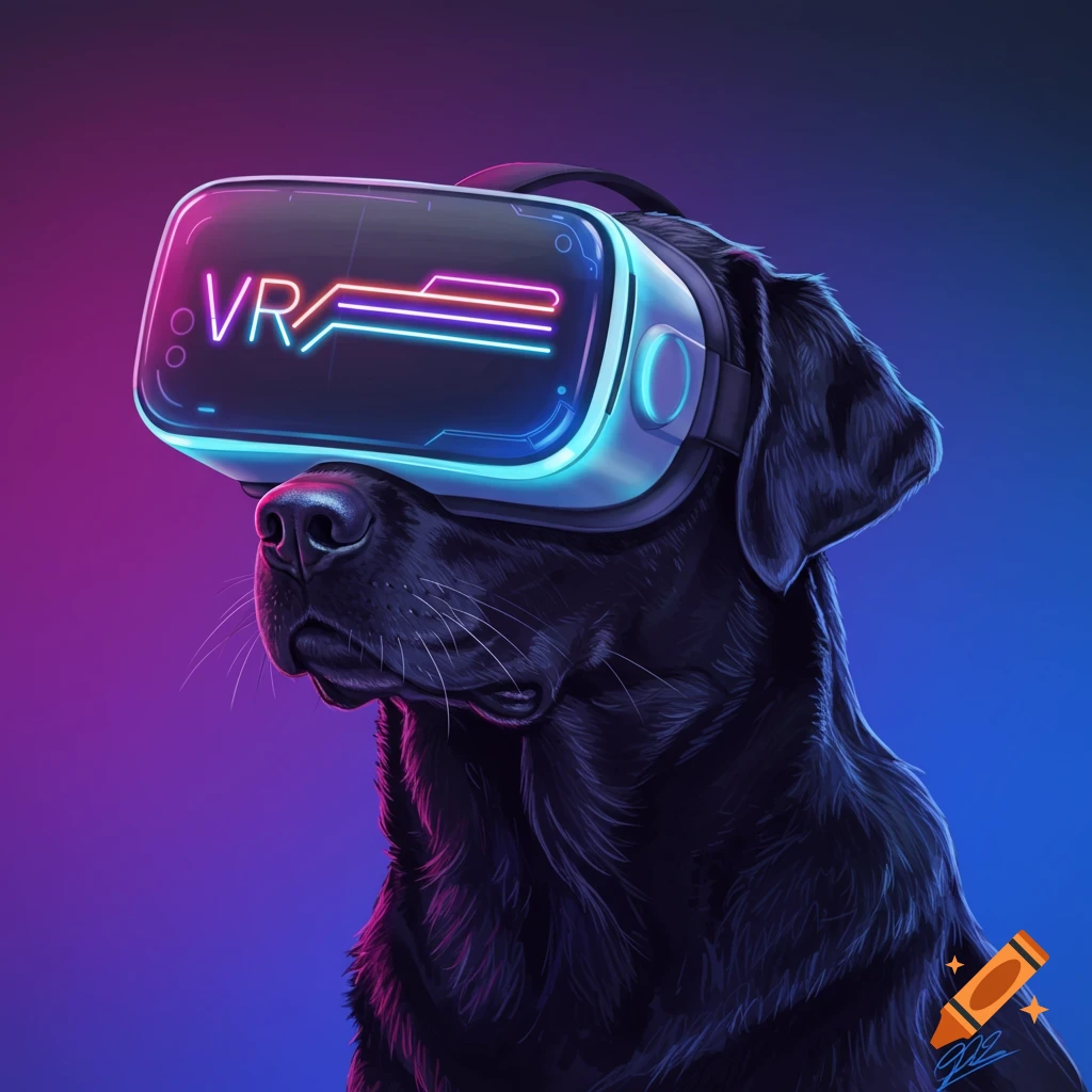Black dog wearing a glowing VR headset, digital art style