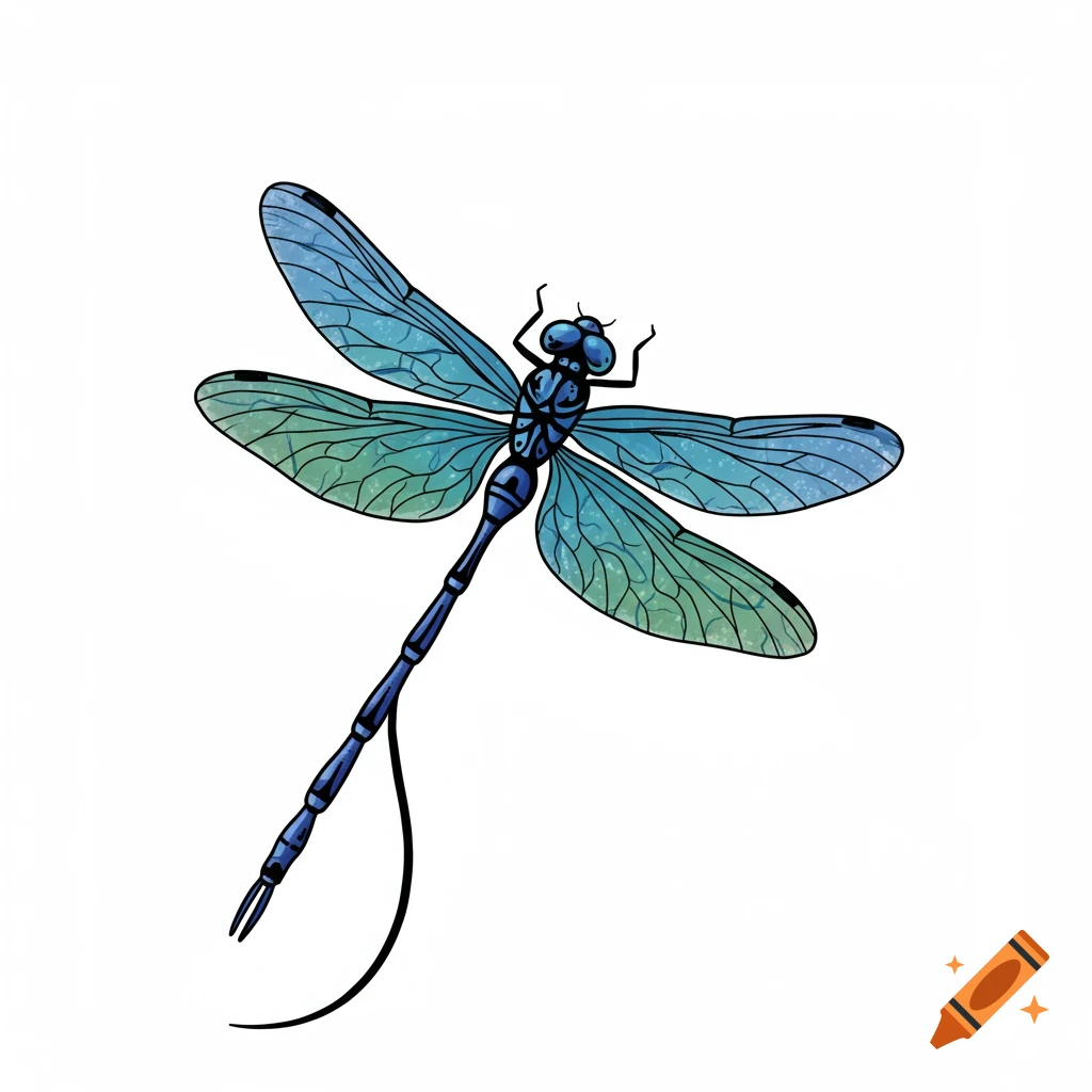 Stylized blue and green dragonfly illustration with black outlines on white background