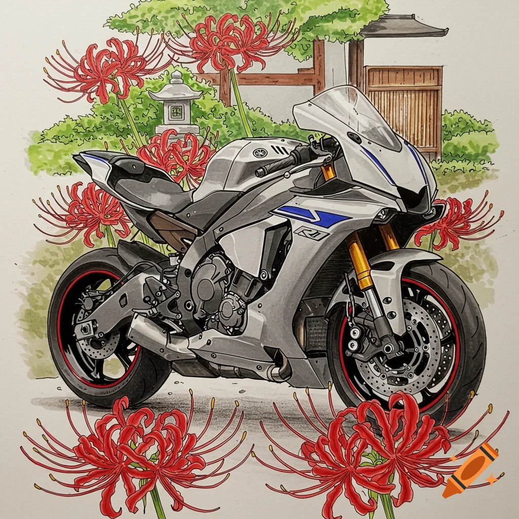 Yamaha R1 motorcycle drawing with red spider lilies, Japanese theme