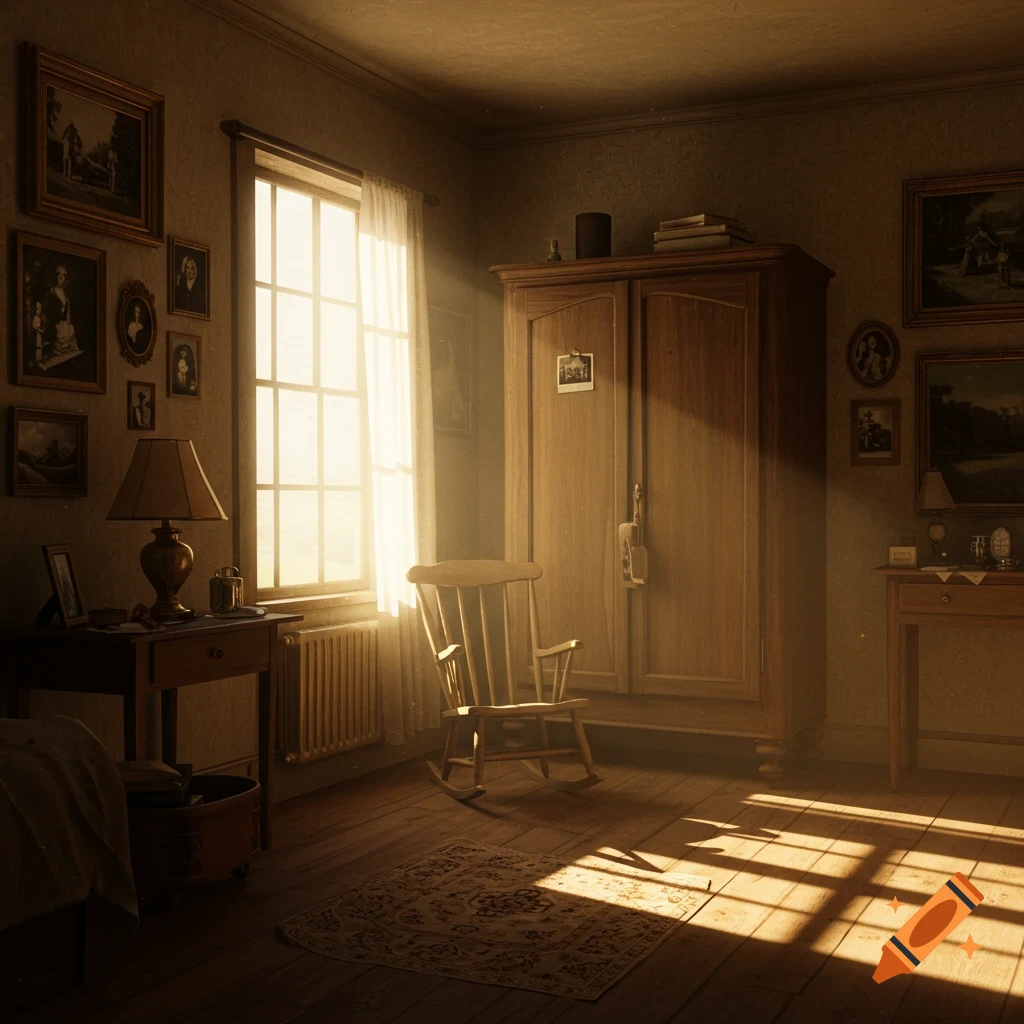 A dimly lit room with sunlight streaming through a window, highlighting furniture