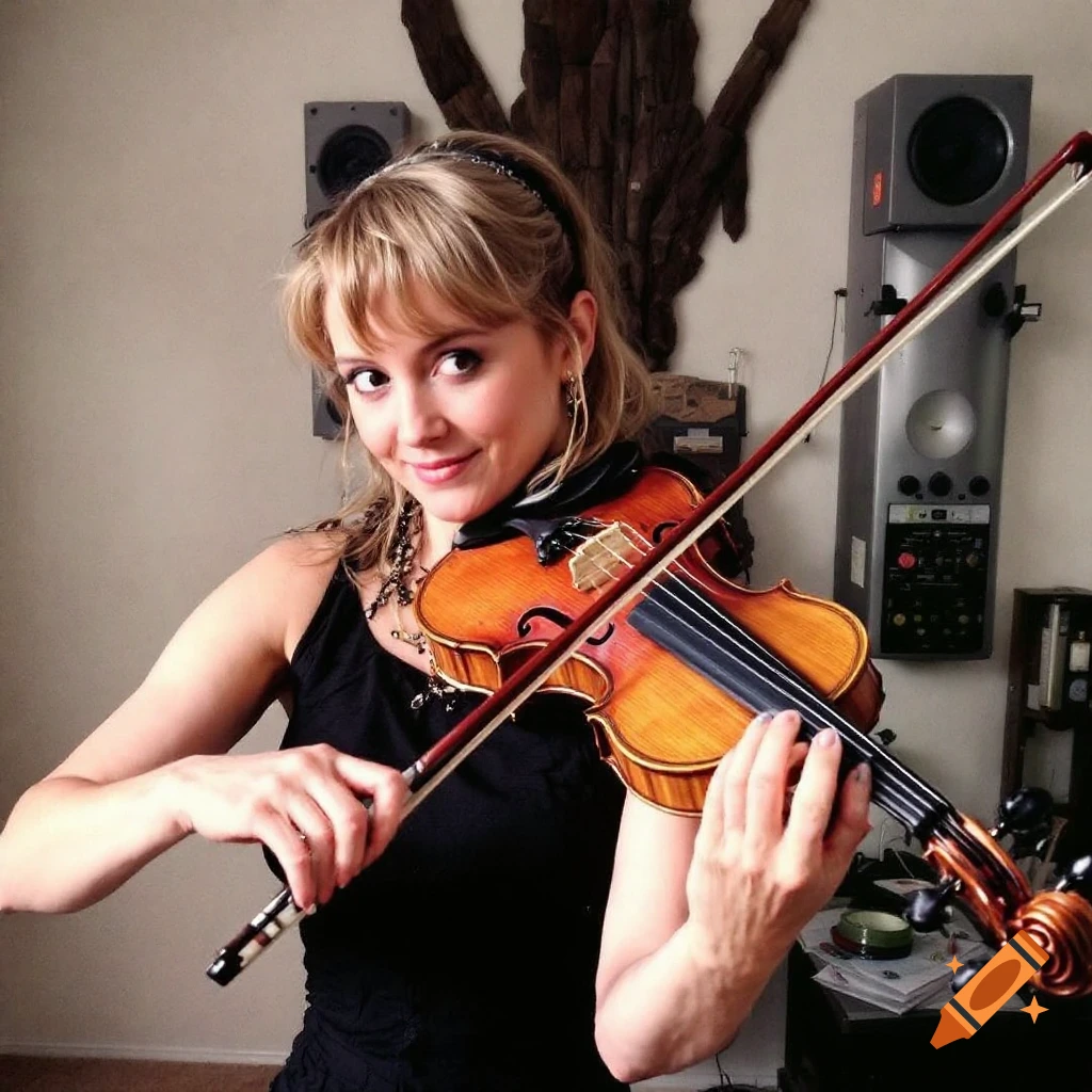 A woman with a ponytail plays a violin, looking directly at the camera.
