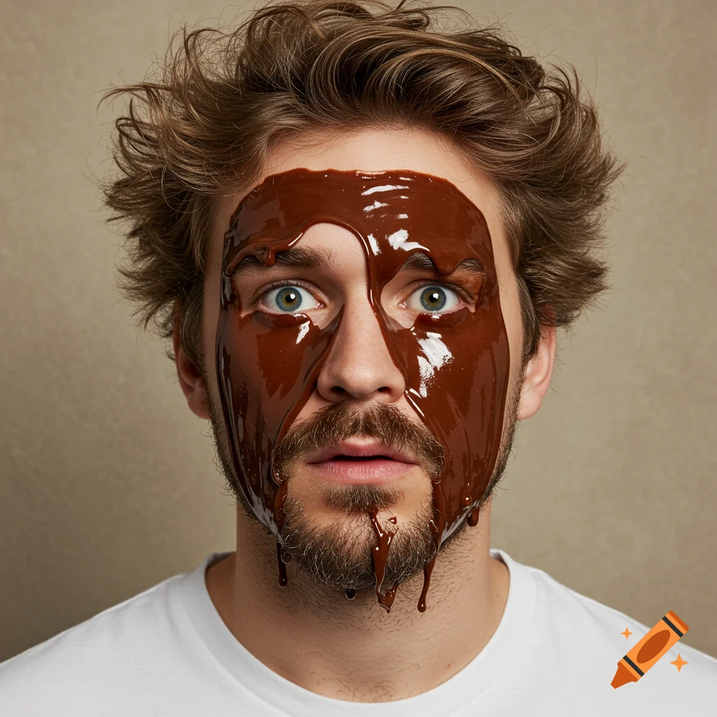 Close-up photorealistic portrait of a man with dripping chocolate covering his face.