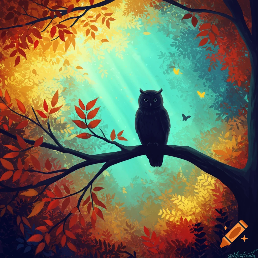 An illustration of a dark owl perched on an autumn tree branch with brightly colored leaves and rays of light.