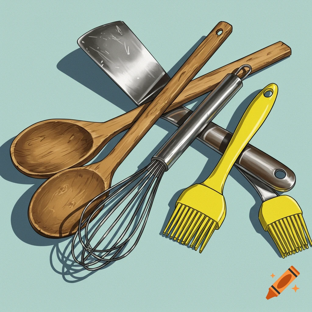 Kitchen utensils including a cleaver, wooden spoons, a whisk, and basting brushes on a light blue surface.