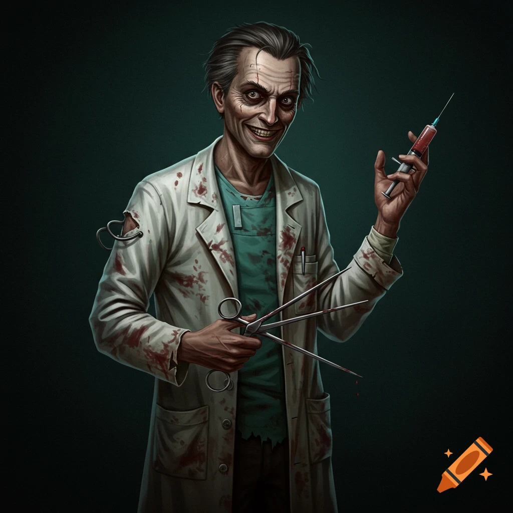 An illustration of a scary doctor in a blood-stained coat holding a syringe and surgical scissors.