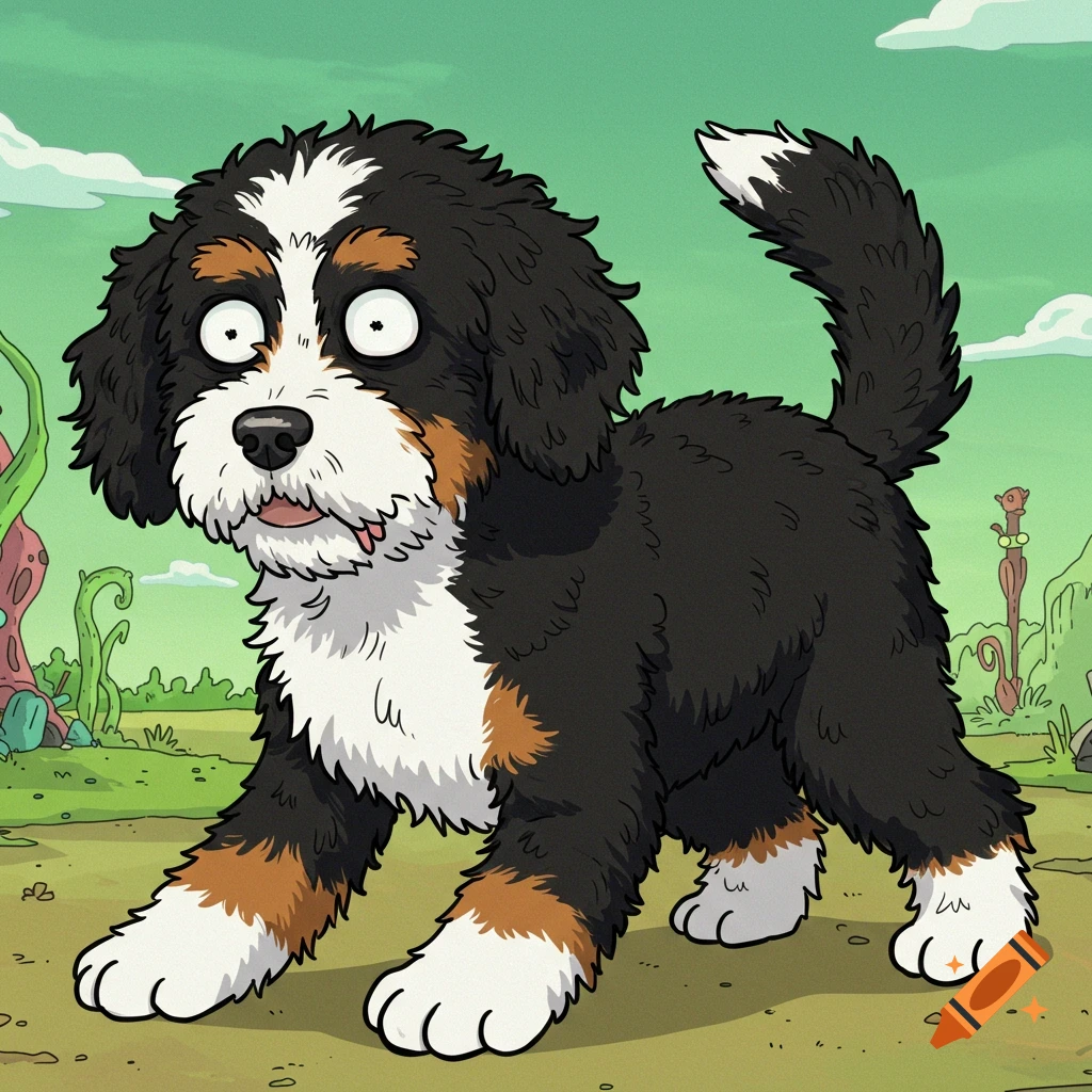 Rick and Morty style cartoon of a bernedoodle dog