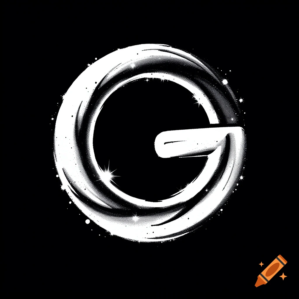 Stylized white letter G logo with circular element, spray paint texture, and sparkle effects on black background.