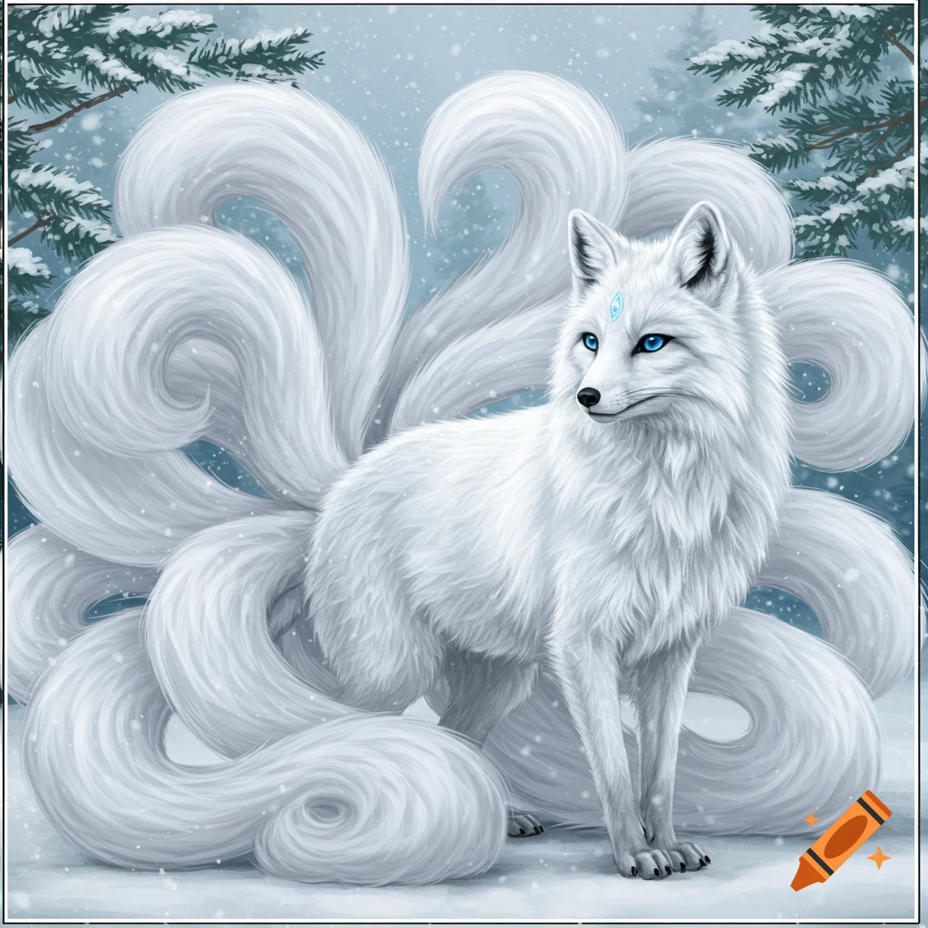 A white nine-tailed fox stands in a snowy forest.