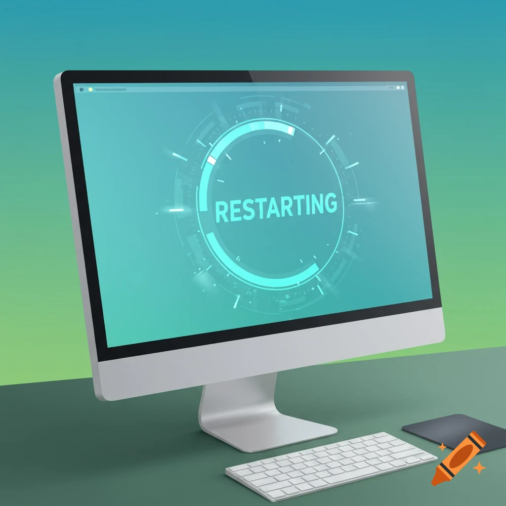 A computer screen displays the word 'RESTARTING' within a circular digital interface.