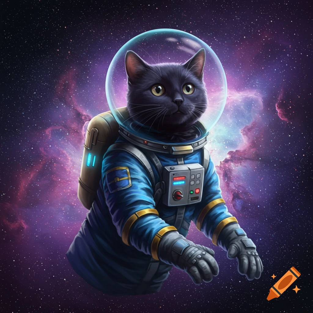 Black cat in blue and yellow space suit floats in space with colorful nebulas and stars.