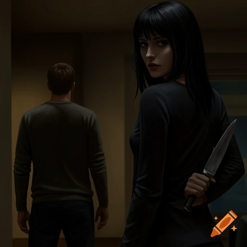 Illustration of a woman hiding a knife behind her back while facing a man.