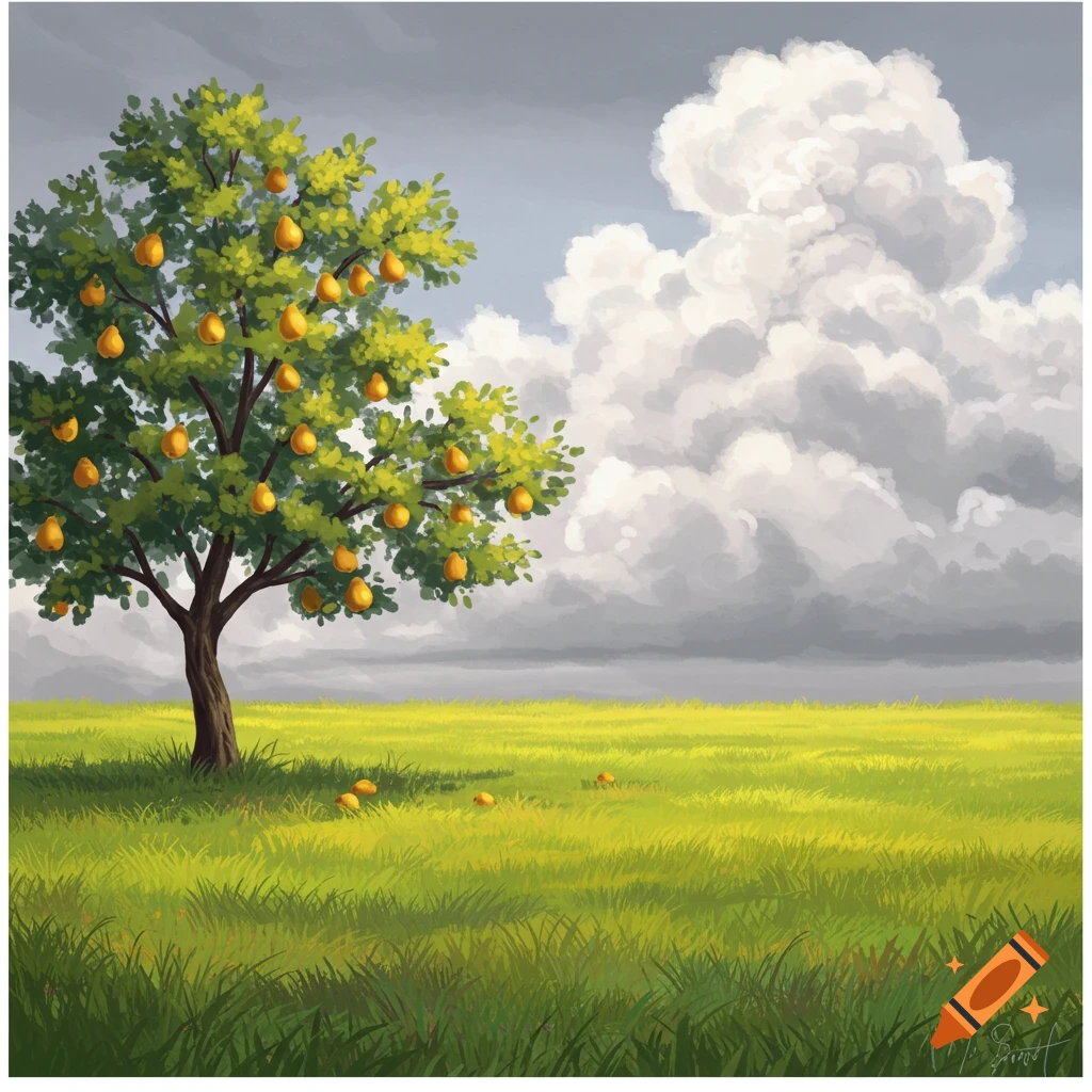 A pear tree stands in a grassy field under a cloudy grey sky.
