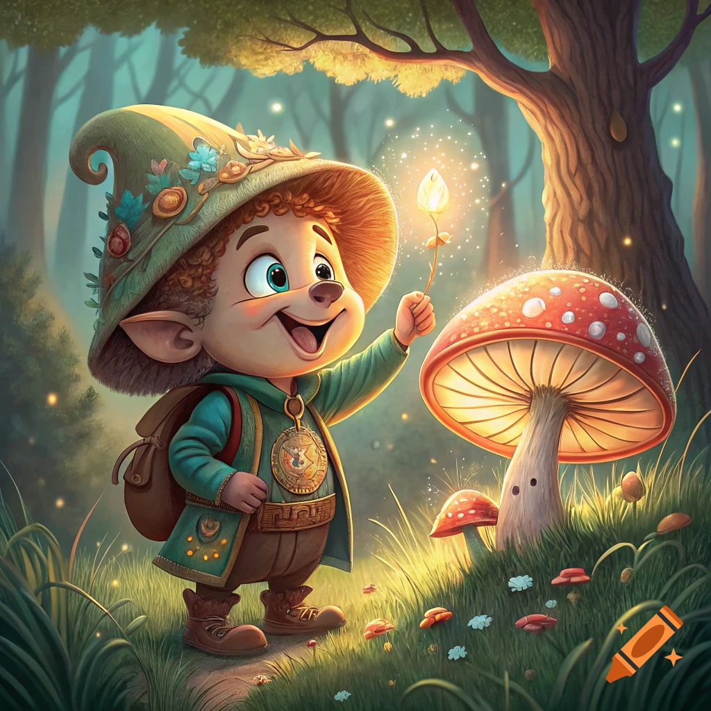 Cartoon fantasy character taps a glowing mushroom in a forest.
