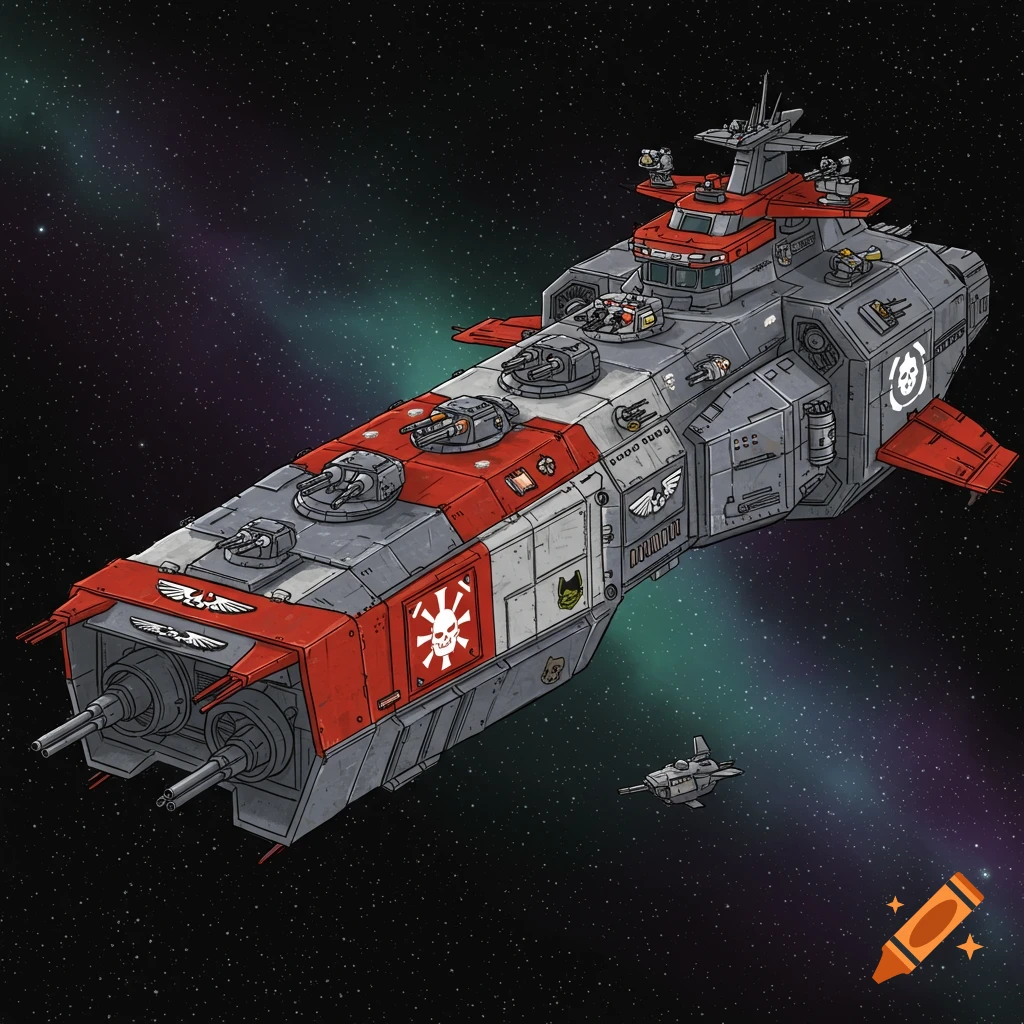 An illustrative rendering of a grey and red sci-fi spaceship with weapons and symbols in space.