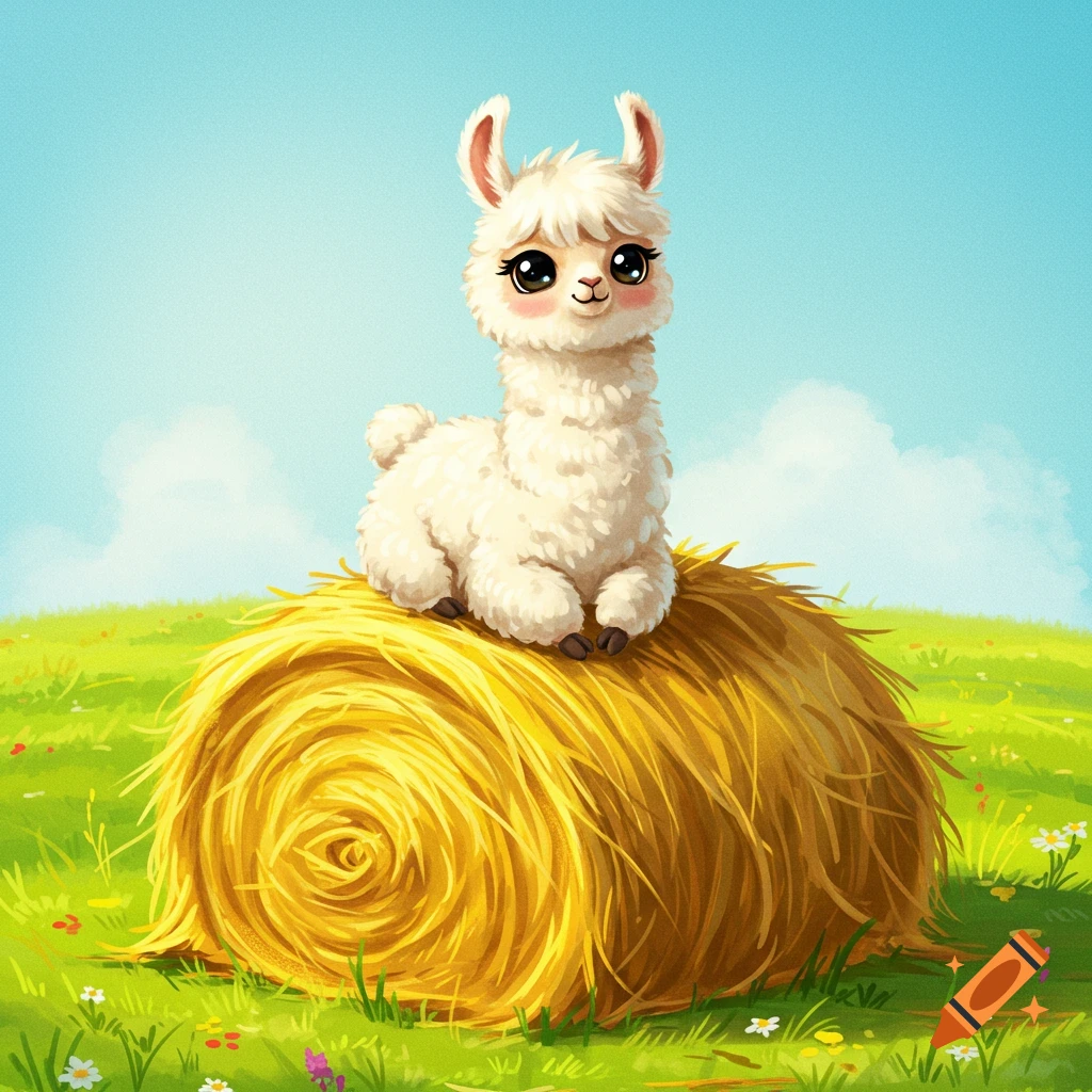 A cute cartoon llama sitting on a hay bale in a sunny field.