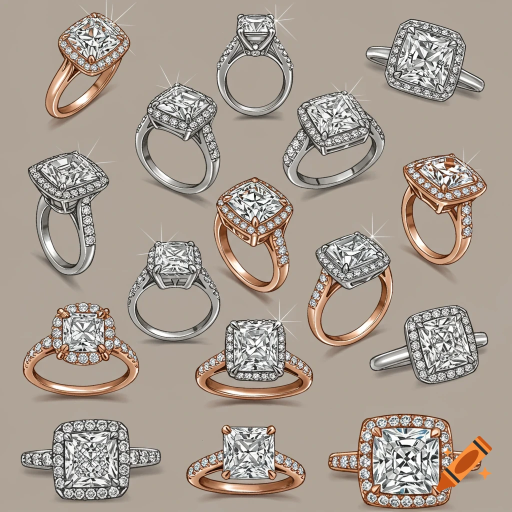 Various square diamond ring designs in silver and rose gold.
