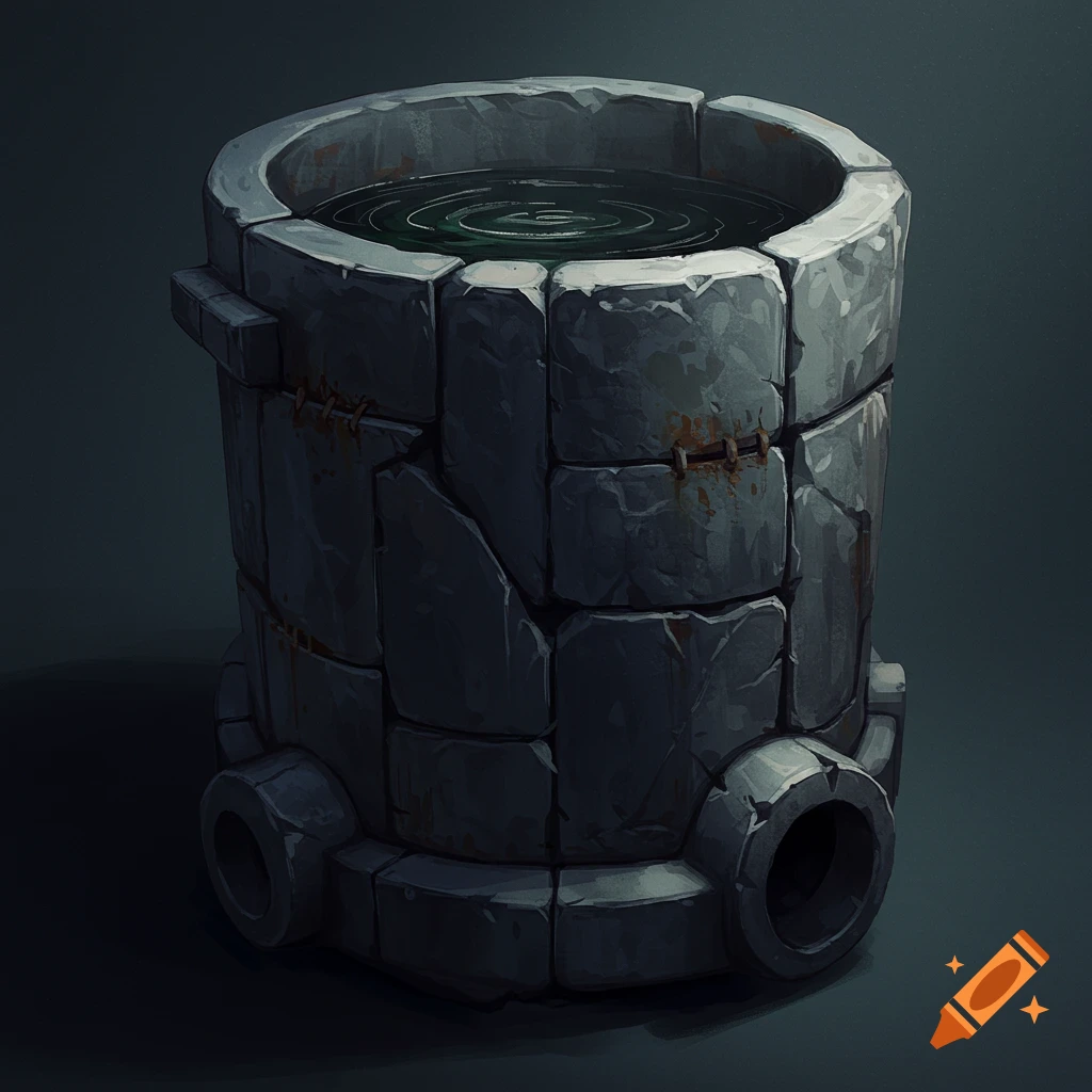 A stylized rendering of a stone vat filled with rippling water.