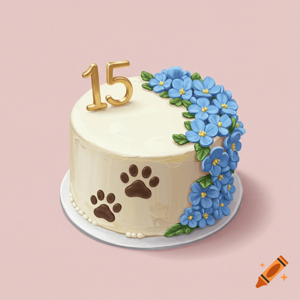 Circle cake with blue flowers, number 15, and paw prints decoration mock-up design idea for party cake decorations DIY bake off ideas inspiration trends birthday cake decoration ideas bakeries baking food cakes fondant frosting buttercream icing fillings toppings cakes occasion seasonal flavors techniques recipes decorating tips presentation serving storage cake decorating for beginners intermediate advanced cake art edible art cake design