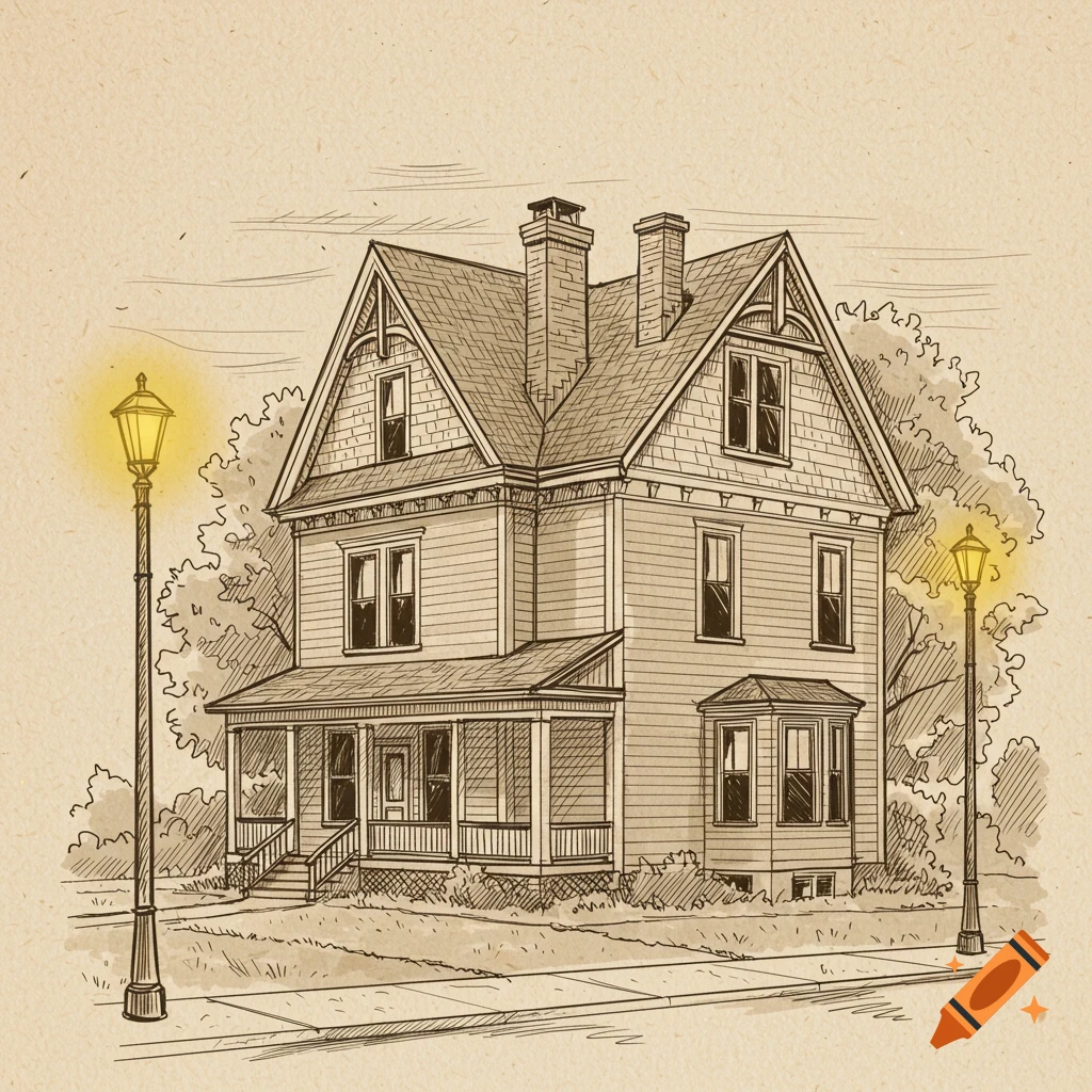 A vintage-style sketch of a large house with two chimneys and a covered porch, flanked by old-fashioned street lights.