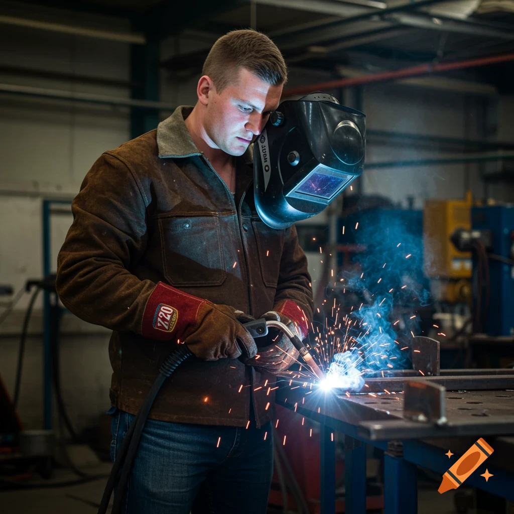 Young male welder drawing