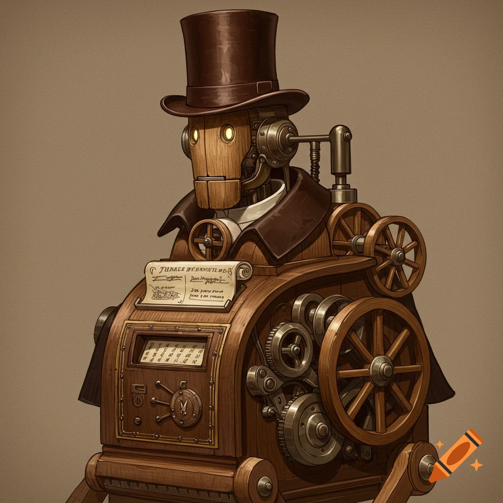 A steampunk-style wooden robot in a top hat and coat, with gears, wheels, and display panels.