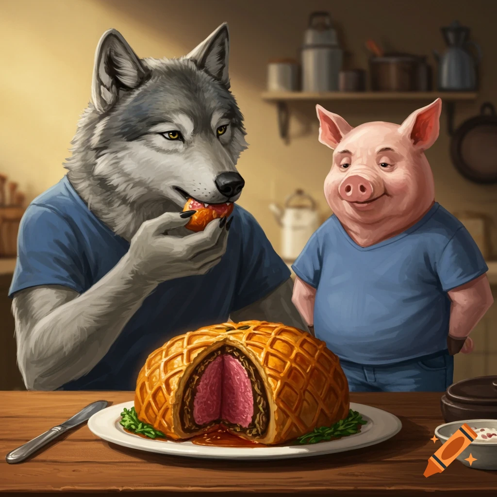 An anthropomorphic wolf and pig in a kitchen with a beef wellington. The wolf eats a piece.