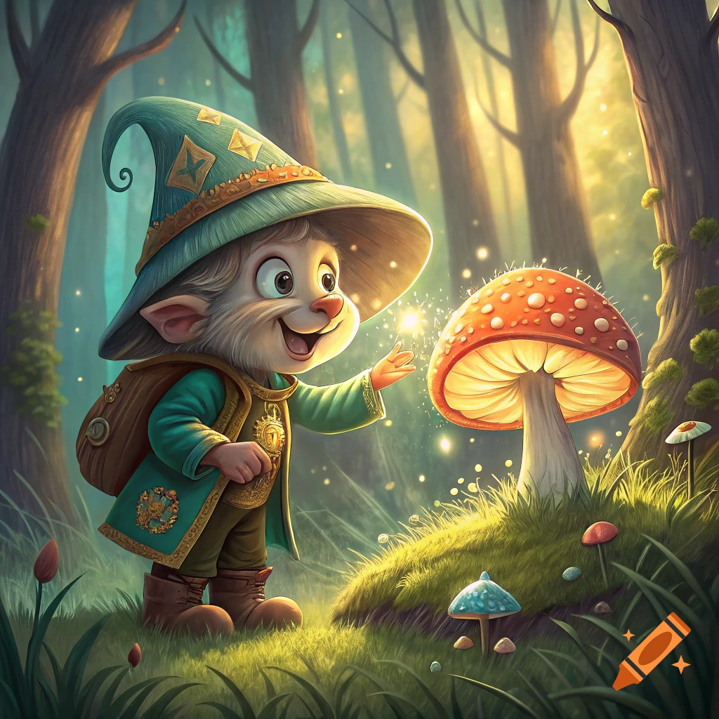 Cartoon fantasy character in a forest tapping a glowing mushroom