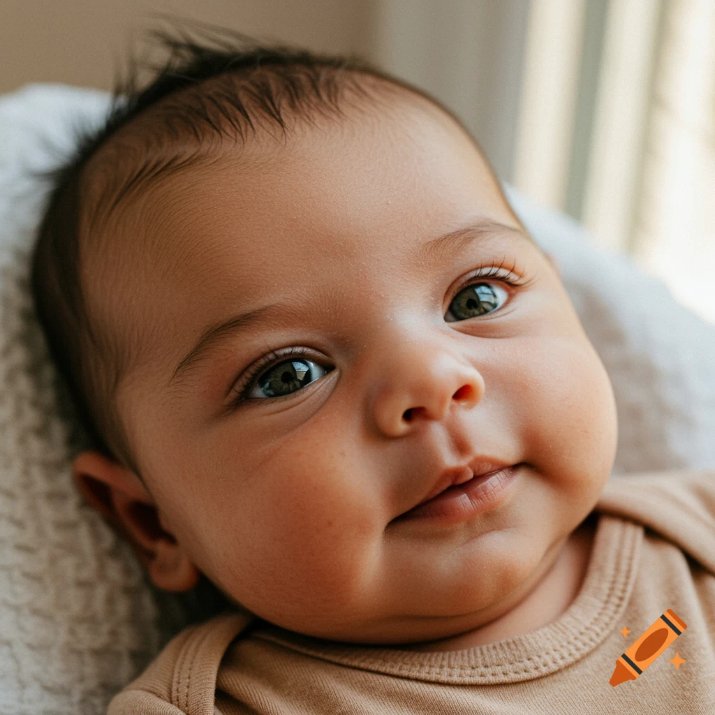 Newborn baby girl with freckles and green eyes