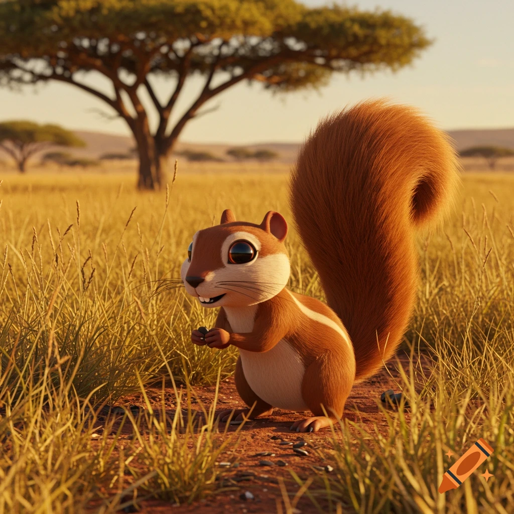 A cute 3D cartoon squirrel stands in a field with a tree in the background.