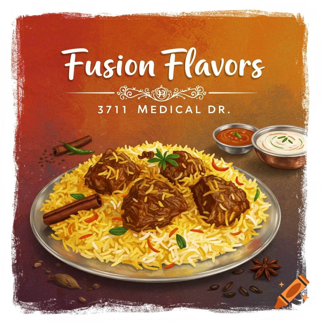 Fusion restaurant advertising beef biryani dish and address