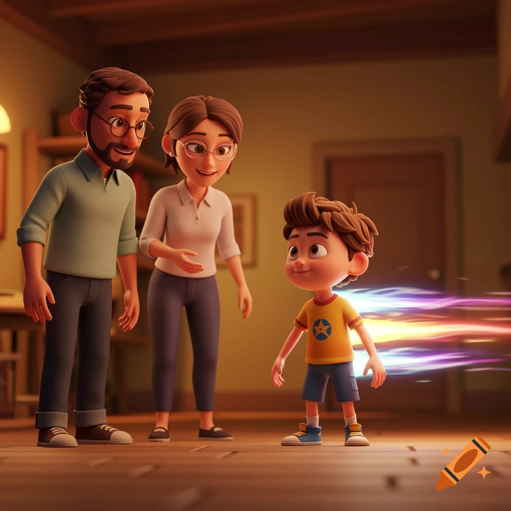 3D render of parents talking to a boy in Disney Pixar style with energy effects