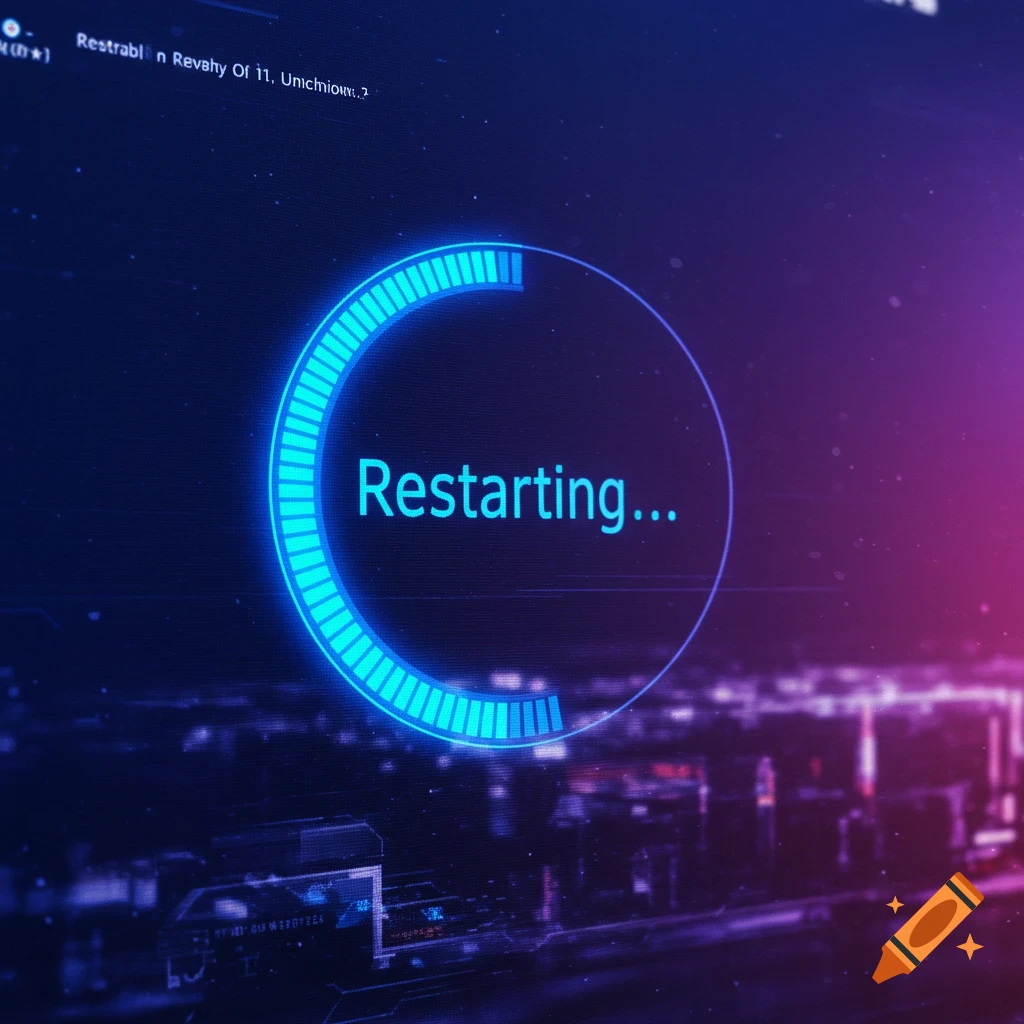 Digital loading screen with blue circle and text 'Restarting...'