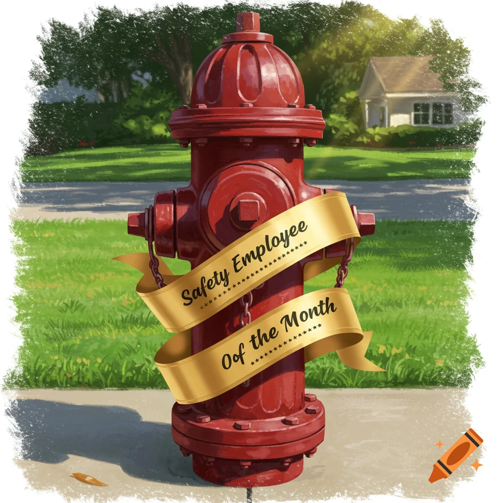 Fire hydrant with gold ribbon labeled Safety Employee of the Month