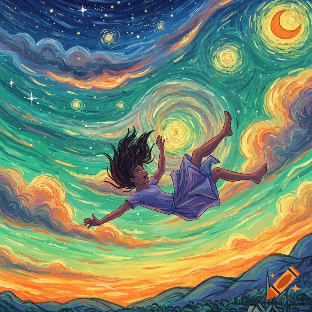 A person falls through a colorful, swirling sky in a painting style similar to Van Gogh.