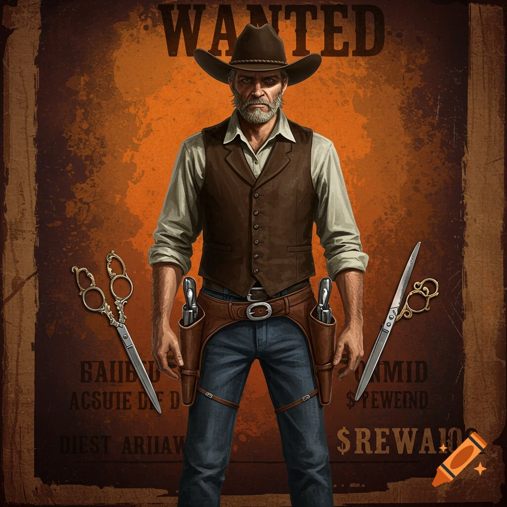 Wanted poster of a cowboy with scissors