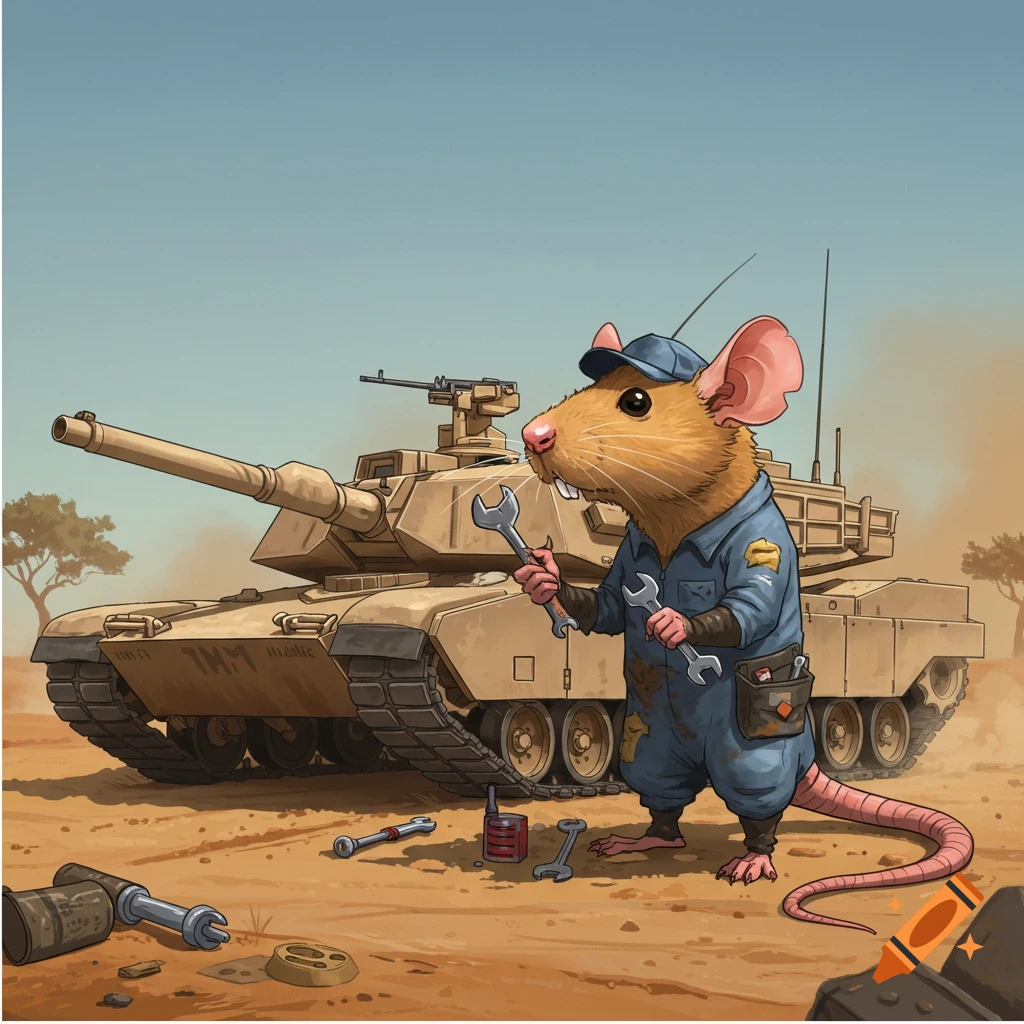Cartoon rat mechanic works on an Abrams tank in a desert.