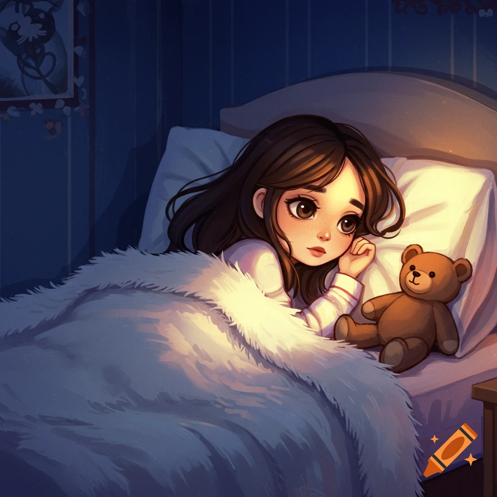 Illustration of a young girl lying in bed with a teddy bear, looking worried.