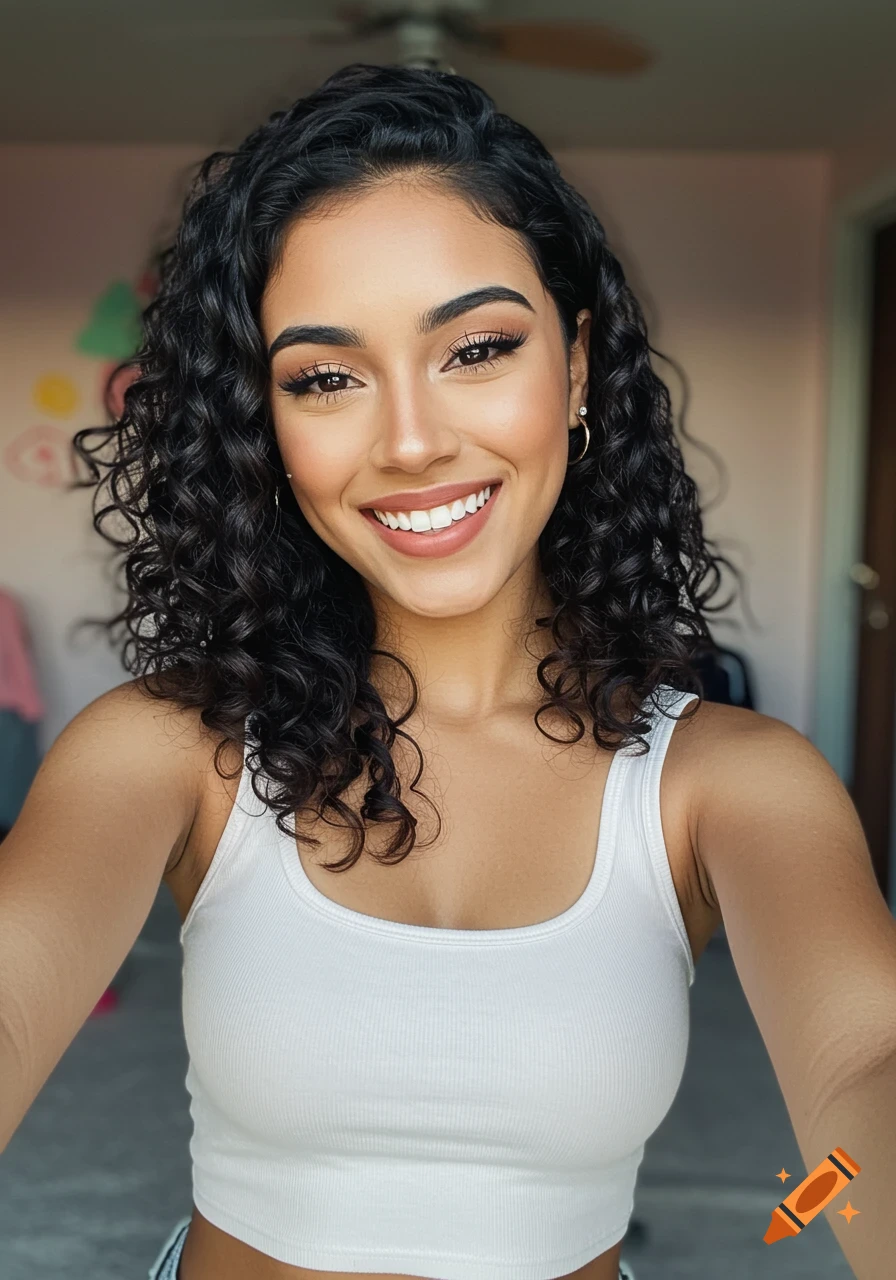 Selfie of a smiling woman with curly hair wearing a white tank top